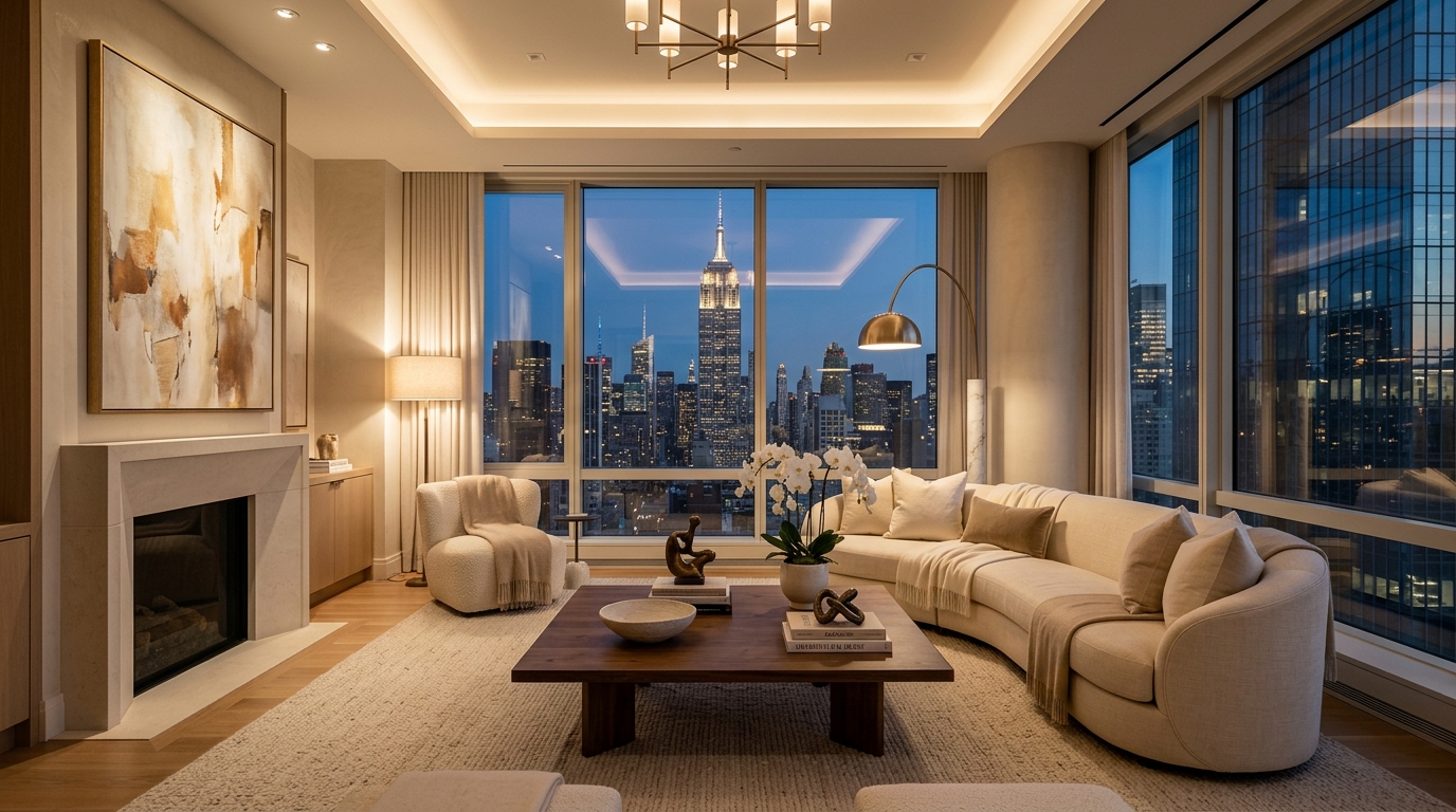 Park Avenue Penthouse — luxury staged living room overlooking Manhattan skyline