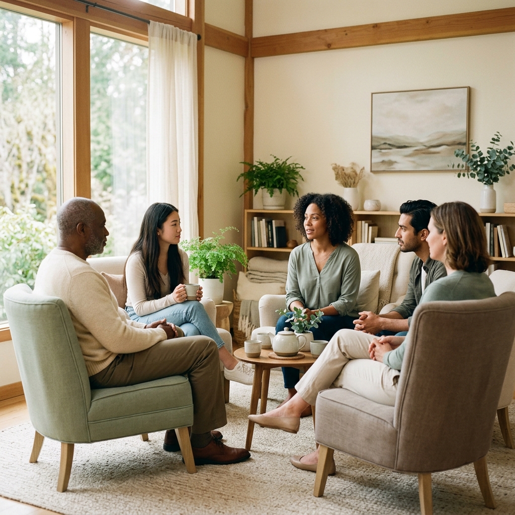 Group therapy session with diverse participants in a supportive circle