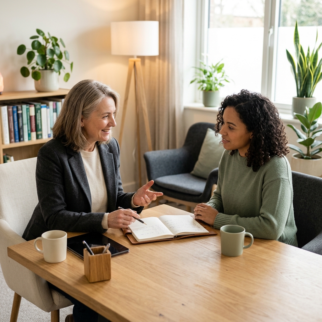 Clinical supervisor and supervisee meeting in a professional office setting